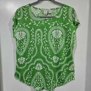 Joie 100% Linen Stretchy Green and White Paisley Floral Printed Cap Sleeve SZ L